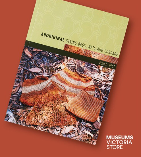 Flat lay image of a book called "Aboriginal String Bags, Nets and Cordage" on an ochre background
