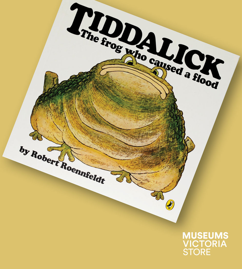 Flat lay image of a book called "Tiddalick" on a khaki  background