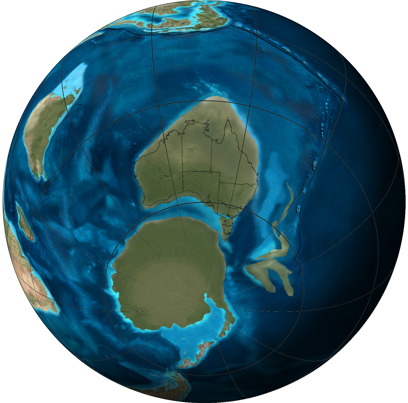 Orthographic or spherical map of global plate tectonic movement. Global paleogeographic reconstruction of the Earth