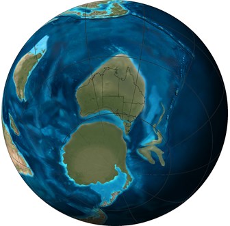 Orthographic or spherical map of global plate tectonic movement. Global paleogeographic reconstruction of the Earth