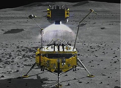 Illustration of Chang’e 5 in flight configuration in lunar orbit. Service module with solar panels extended (lower), lander with legs (middle) and above that the small ascent stage (top). 
