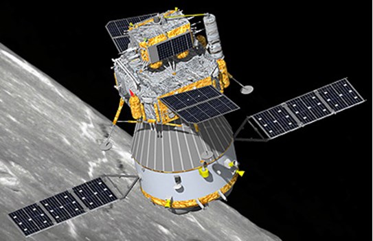 Illustration of Chang’e 5 in flight configuration in lunar orbit. Service module with solar panels extended (lower), lander with legs (middle) and above that the small ascent stage (top).
