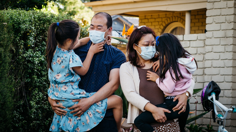 Family group in masks