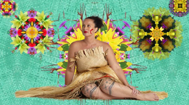 Composite image of a woman on green woven background with flowers