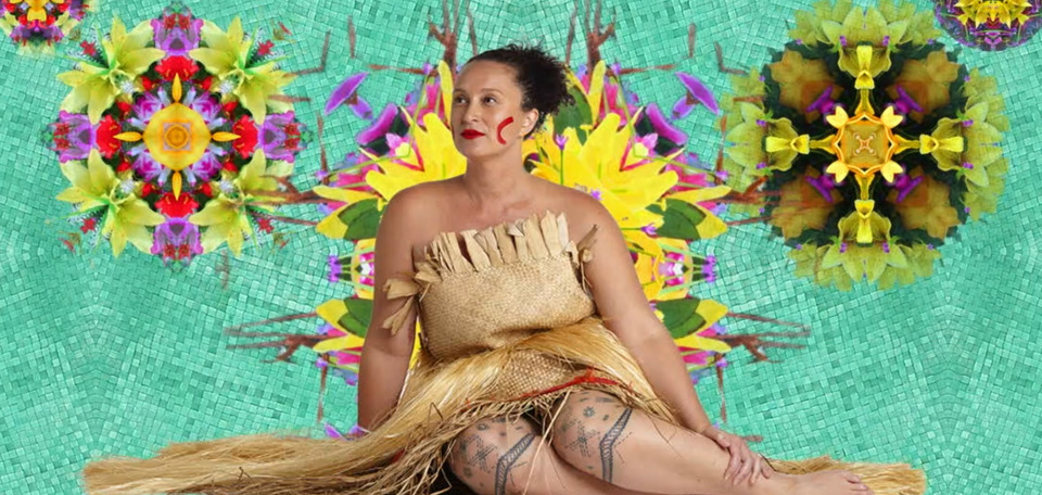 Composite image of a woman on green woven background with flowers