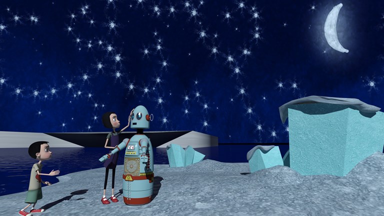 Boy, girl and robot outside at night