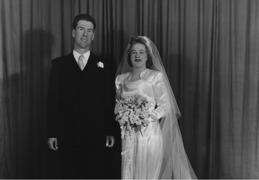 Black and white photo of a couple on their wedding day