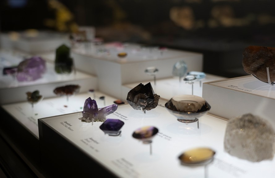 a glass display case filled with colourful gemstones  