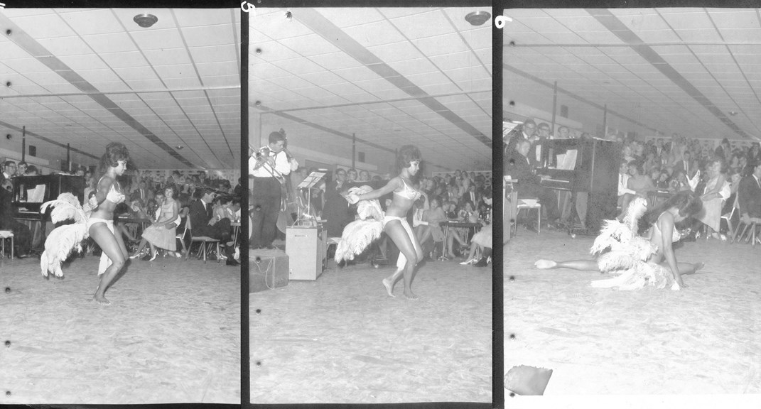 three photos of a bikini-clad woman dancing with feathers in front of a crowd