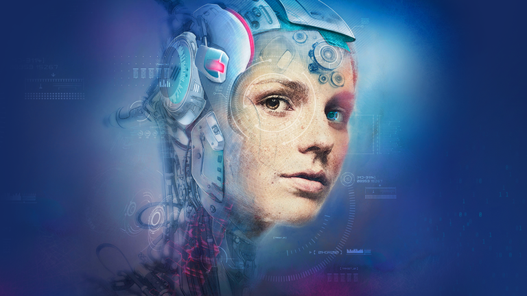 Illustration of the head of a human/robot hybrid