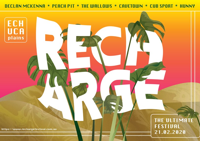 A promotional poster promoting the RECHARGE festival. The title is white against a desert background featuring rolling sand hills and a pink and orange sky. The line-up is listed across the top.