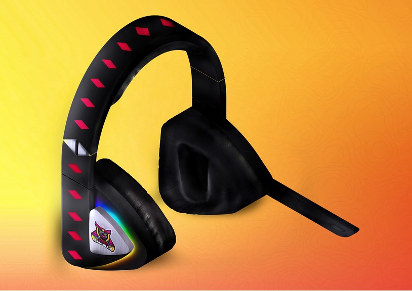 A computer-generated isometric drawing of a pair of gaming headphones. The Sydney Samurais logo is situated on the ear covers.
