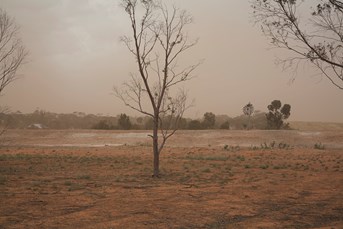 A dust storm approaches, by the roadside, via Tiega