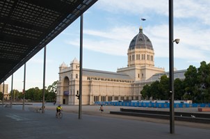 Exterior view of Melbourne Museum Plaza looking towards Royal Exhibition Building