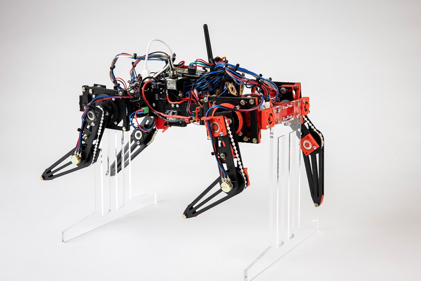 An image of a 3D printed prototype of a robotic dog. It is propped up on a stand. Black, red and blue wires connect the legs to motors and mechanical systems.