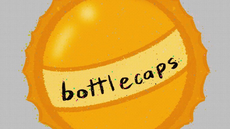 A digital illustration of a yellow bottlecap against a grey background. There is black text across its center which reads ‘bottlecaps’.