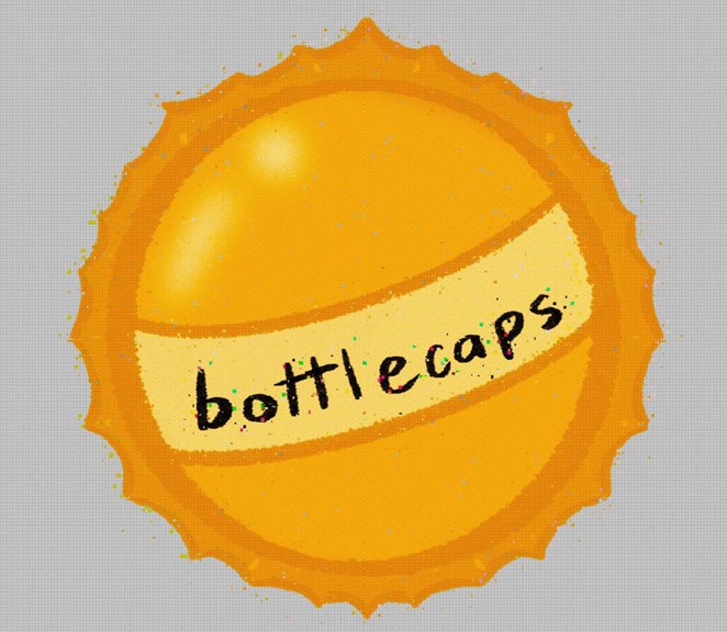 A digital illustration of a yellow bottlecap against a grey background. There is black text across its center which reads ‘bottlecaps’.