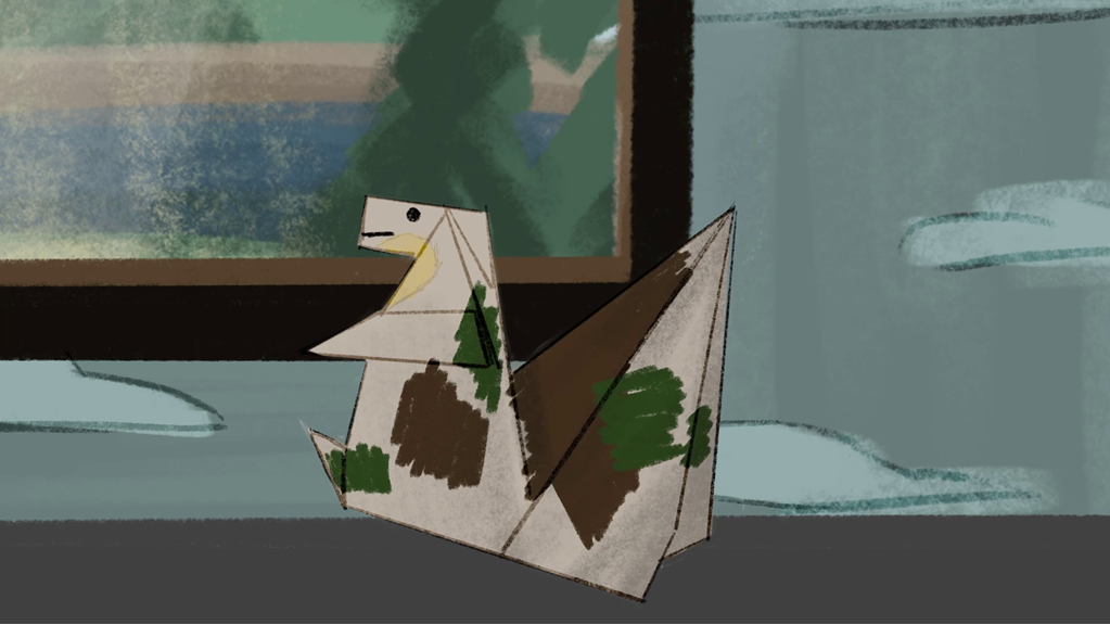 A still from the animated film ‘Recycled’, showing an origami figure coloured with brown and green patches sitting on top of a desk.