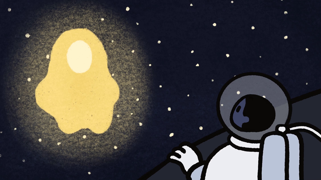 The still shows an astronaut peering out at a figure made of yellow light. The still is dominated by dark colours, with the figure’s light illuminating the starry sky.  