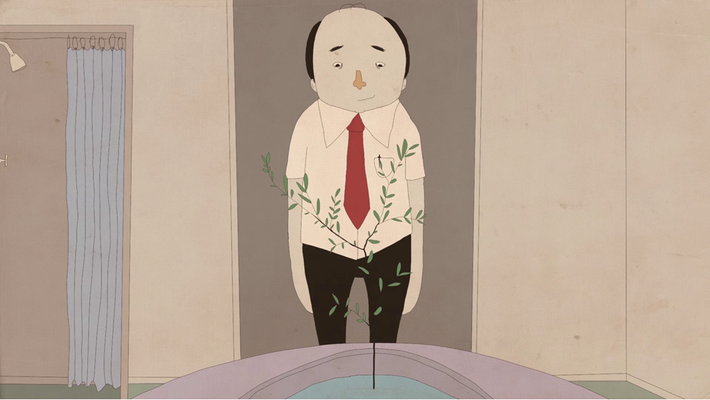 The still from Anise’s animated film shows a man in a shirt and tie looking fondly down at a small tree. The tree is growing out of a toilet bowl.
