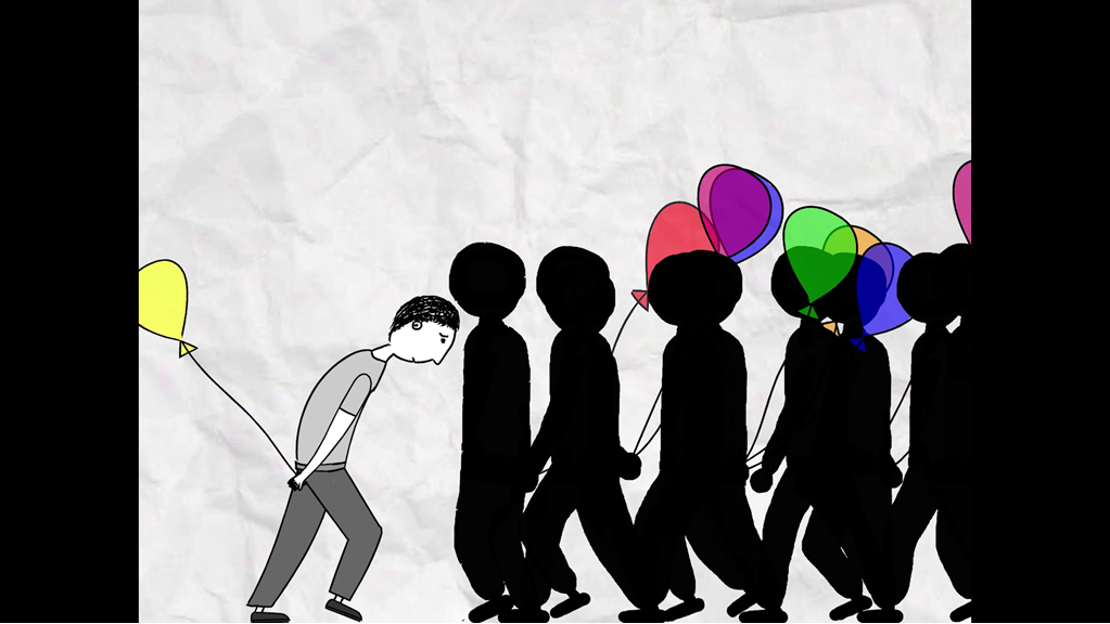 The still from the animated film ‘Yellow’ shows a man looking morosely at the ground and holding a yellow balloon. Shadowed figures are walking in the other direction holding different coloured balloons. 