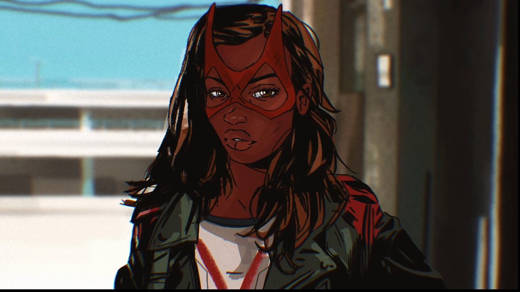 An animated woman looks at the camera; her head and shoulders are visible. She wears a red mask around her eyes and has long brown hair.