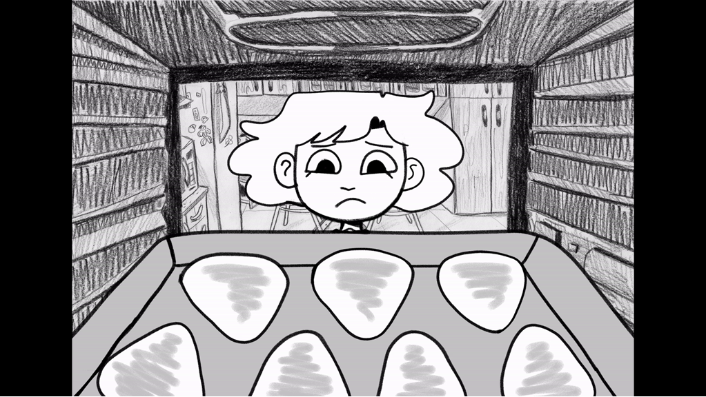 A black and white animated still showing food baking in an oven. A person is looking into the oven with a sad expression on their face.