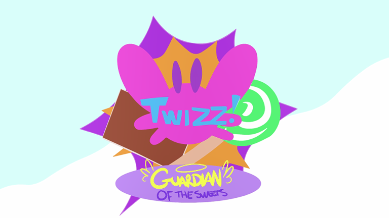 Still of the opening logo for ‘Twizz! Guardian of the Sweets’. The logo is colourful and made up of shapes that reference chocolate and lolly pops.