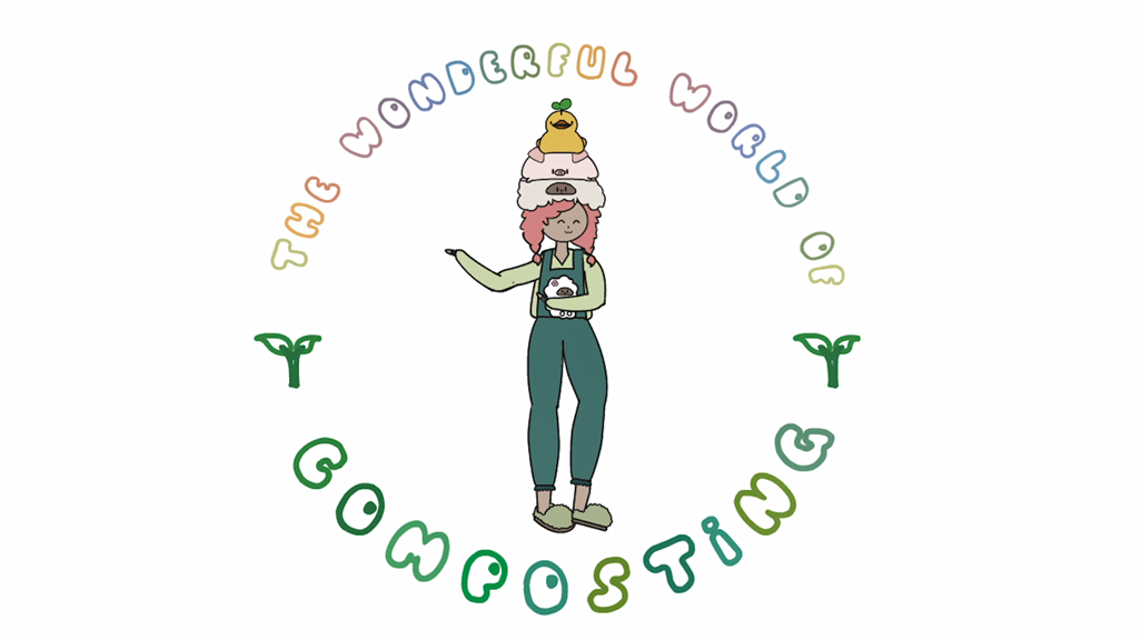 Still from the Food Recycling Animation. A cartoon girl is shown wearing overalls and holding farm animals. The text ‘the wonderful world of composting’ is circled around her.