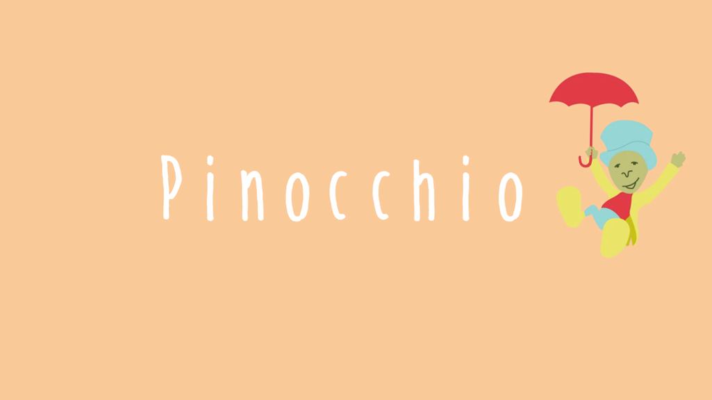 A still from the Pinocchio opening sequence. The title ‘Pinocchio’ is set on an orange background. A yellow figure in a blue top hat drifts down holding an umbrella.
