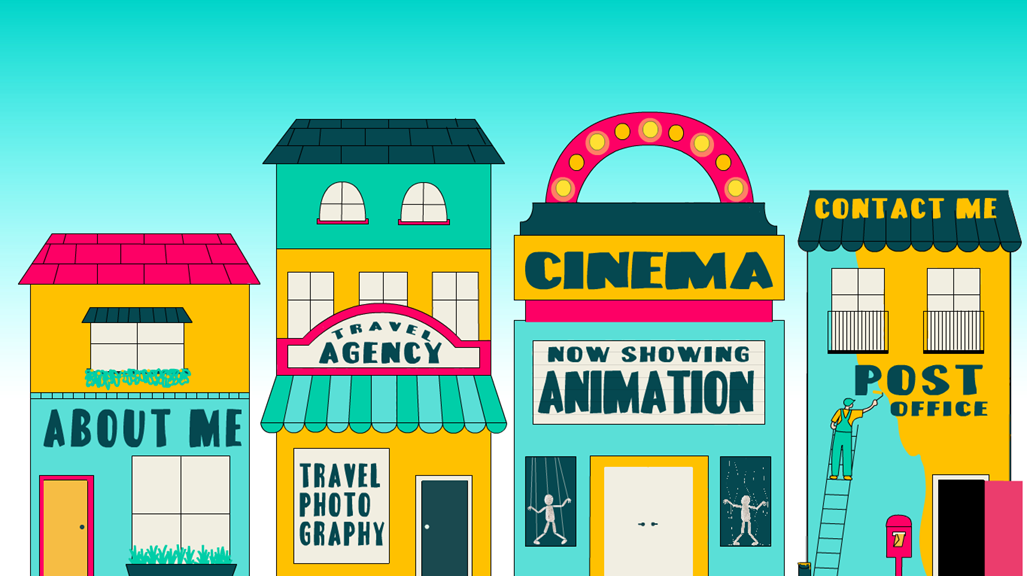 A cartoon town with four buildings set side-by-side. The buildings respectively read ‘About Me’, ‘Travel Photography’, ‘Now Showing Animation’ and ‘Contact Me’.