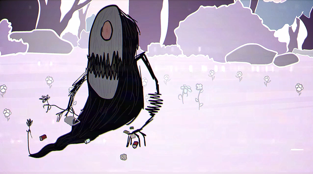 A still from the animation ‘Before I Could Cry’. A black ghost-like figure emerges from a purple background.