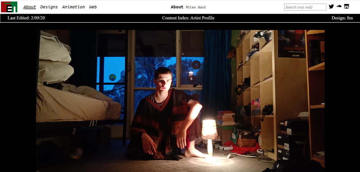 A screenshot of Miles’ website. A photo of Miles is featured. He is illuminated by a lamp. The banner directs users to pages titled ‘About’, ‘Designs’, ‘Animation’ and ‘Web’.
