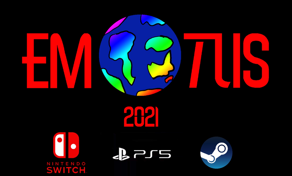 A screenshot from the animation. The title ‘Emotus’ is in red text against a black background. The O is replaced by a world globe.