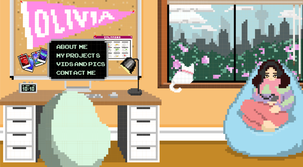 A screenshot of Olivia’s website. The graphics are pixelated and colourful. A girl with black hair sits in a beanbag. A cat sits on the windowsill looking at the city.