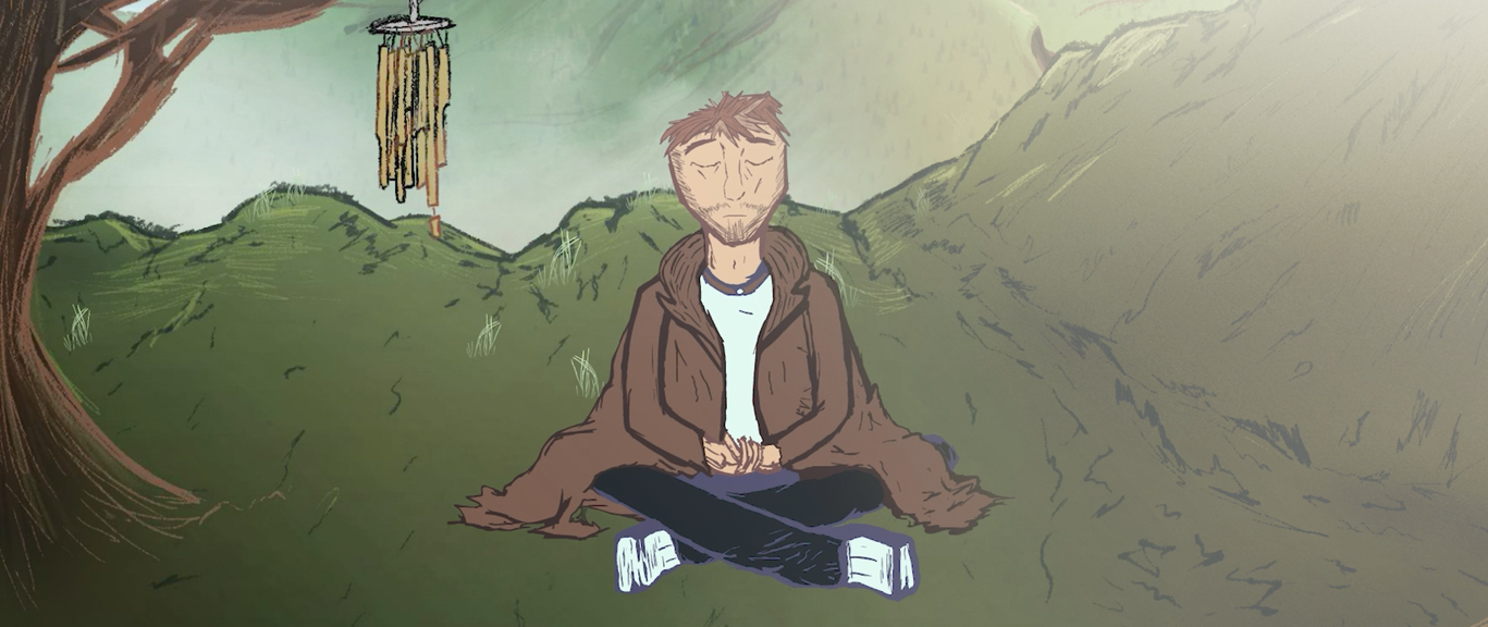 A still from the animation ‘Untethered’. A man in a brown coat sits meditating on a grassy hill under a wind chime.