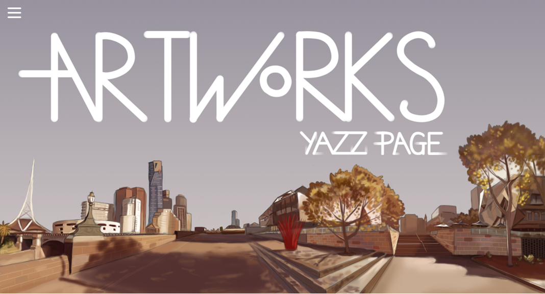 A screenshot of Yasmin’s webpage. The word ‘Artworks’ sits in a grey sky. A rendering of Southbank and the Melbourne cityscape sits across the foreground.
