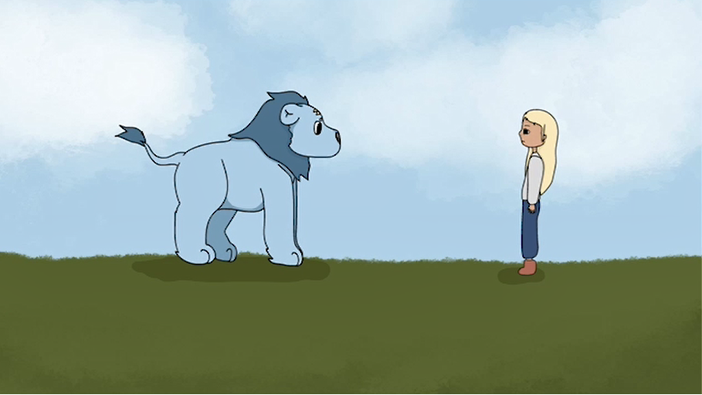 A still from the animation ‘Dreaming’. A girl and a blue lion face each other on green grass.