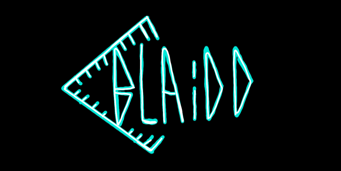 A still from the animation ‘Blaidd’. The title is written in angular fluorescent blue writing against a black background.