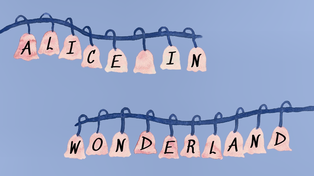 A screenshot from Meaghan’s opening sequence. The title ‘Alice in Wonderland’ is shown framed by pink hanging flowers on a blue background.