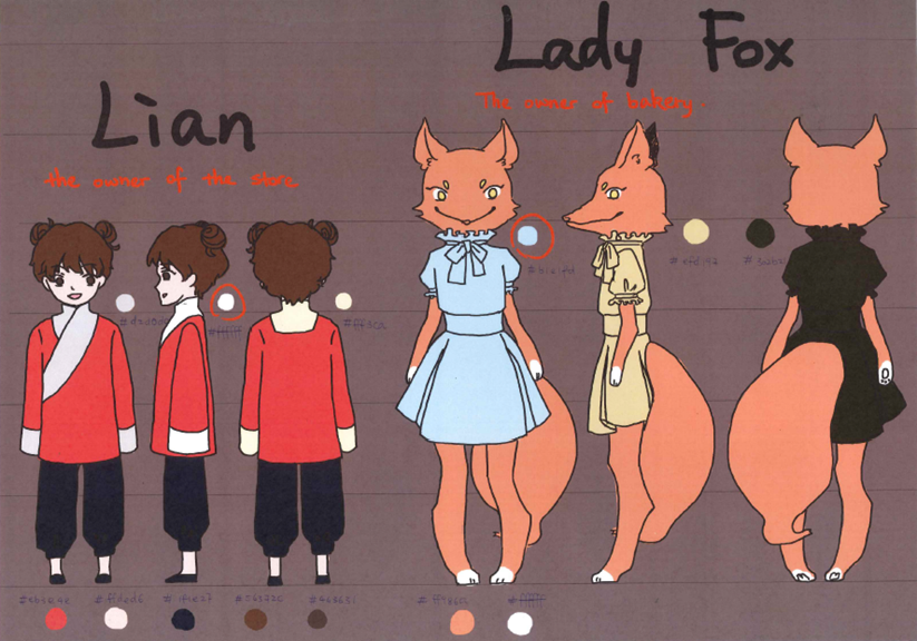 A screenshot of Wendy’s folio showing drawings for the characters of Lian and Lady Fox. They are shown from multiple perspectives.