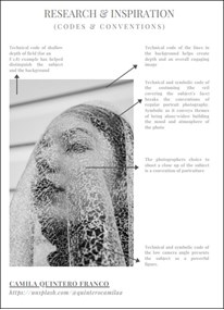 This folio page is part of Tavishek’s research. It shows a close-up portrait photograph that is annotated with different photographic codes and conventions.