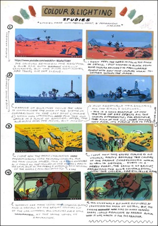  This folio page shows colour and lighting studies. Stills from an animation have been recreated with acrylic paint. The studies are annotated with explanations of each image.