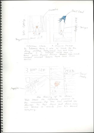 This folio page shows working drawings of book pages, providing a guide to the layout and giving an explanation of narratives.