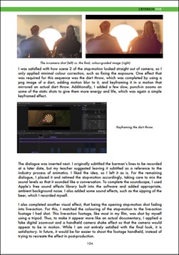 This folio page explores stop-motion production and editing. Images compare an in-camera shot with a colour-graded shot. There is also an explanation of keyframing and sound scaping.