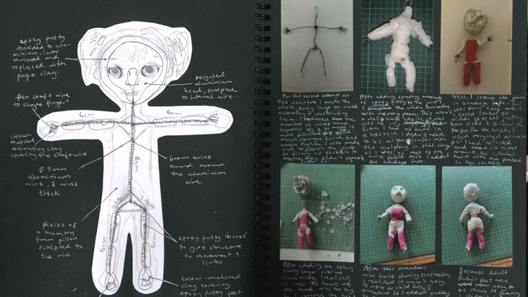 These folio pages show the planning and construction of a puppet for a stop-motion film. The puppet is constructed with an armature.