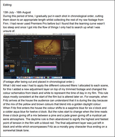 This folio page details the editing process for film footage, using the computer program Premiere Pro.