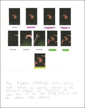 This folio page depicts the editing process for one of Miles’ final photographs. One of the major challenges of editing is described.
