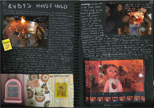  These folio pages show images of the set created for Ruby’s stop-motion film. There is a discussion of what set features were used in each scene.