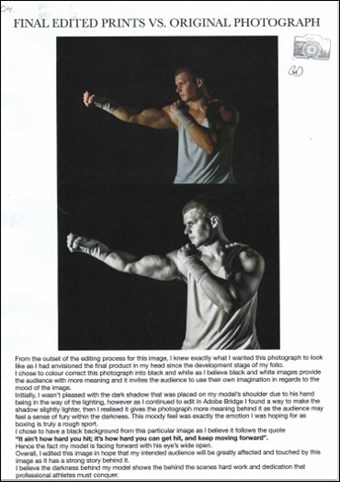 This folio page shows two photos of a boxer, where the final edited print is compared with the original photograph. An explanation of the editing choices accompanies the images.